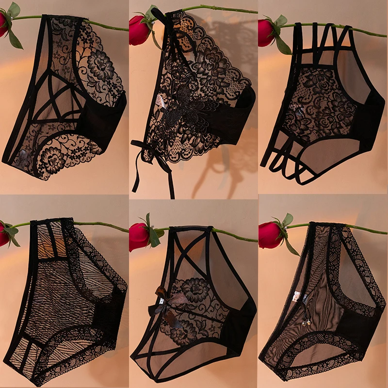 6Pcs New Sexy Lace Panties Women's Cutout Bow Mesh Low Rise Briefs Exquisit Transparent Lovely Lingerie