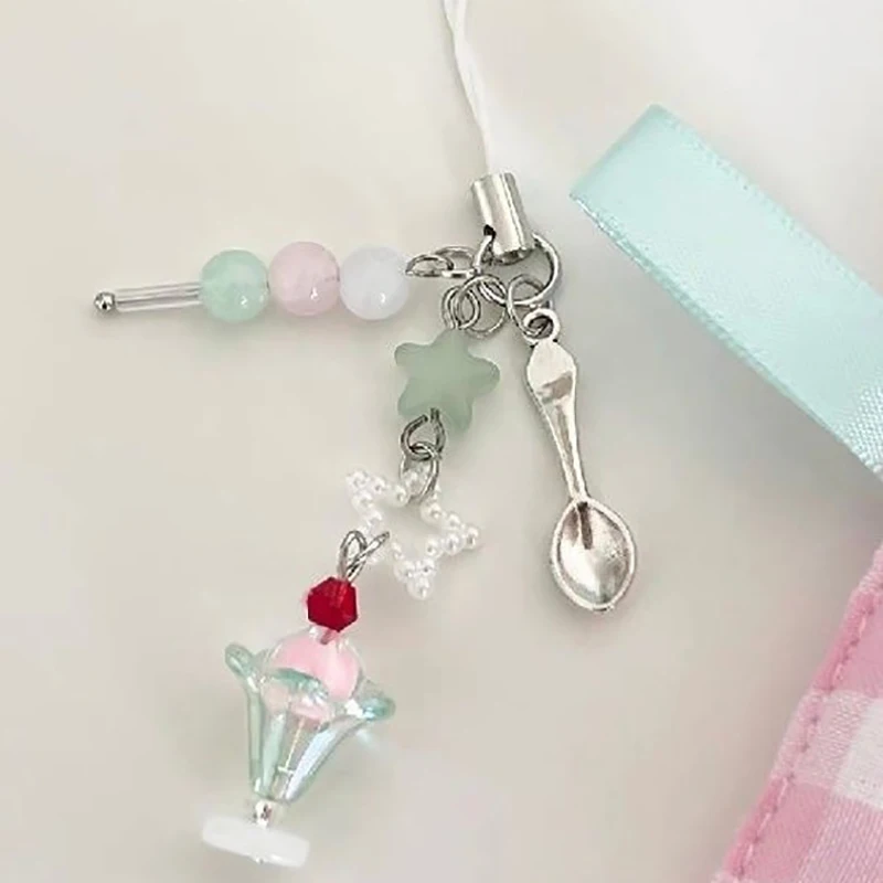 Tricolor Ice Cream Soda Mobile Phone Pendant Handbeaded Earphone Pendant With Girly Heart Phone Chain Bag Pendant Keychain