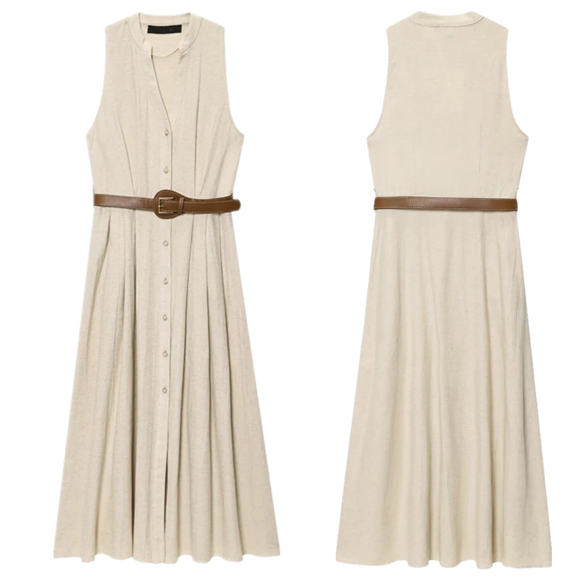 Jenny & Dave vestido perezoso de algodón y lino de estilo francés con cinturón minimalista para ir al trabajo ocio vestido Midi sin mangas vestido sin mangas Wo