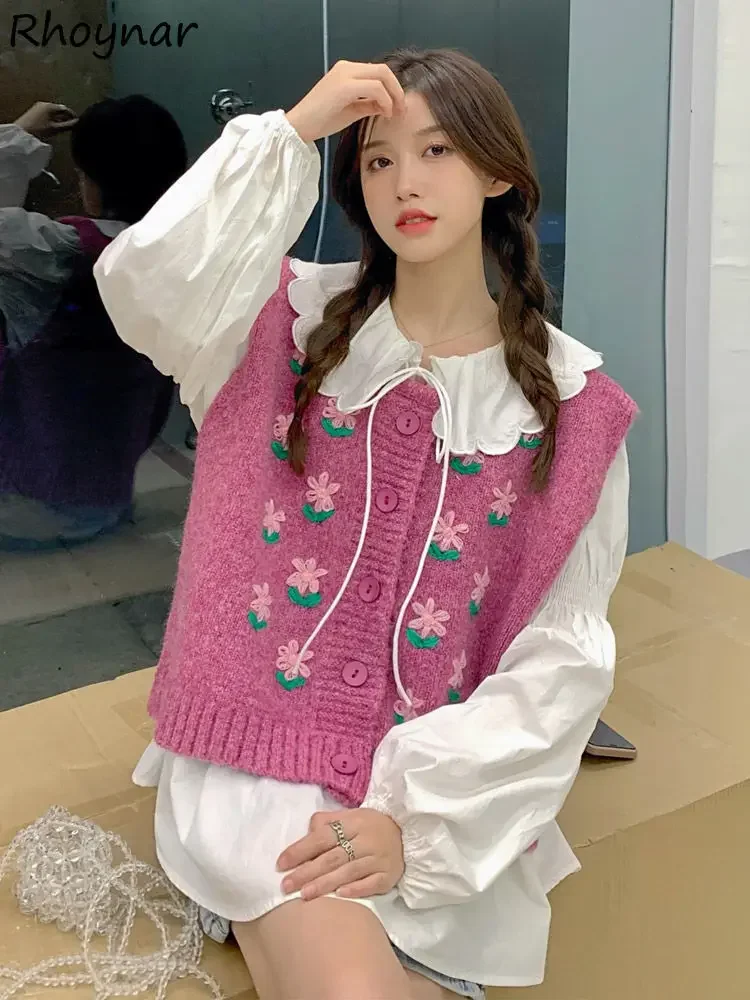 Vintage Lovely Sweater Vests Girl Gentle Cozy Embroidery Prairie Chic O-neck Students Sweet Design Y2k Preppy All-match