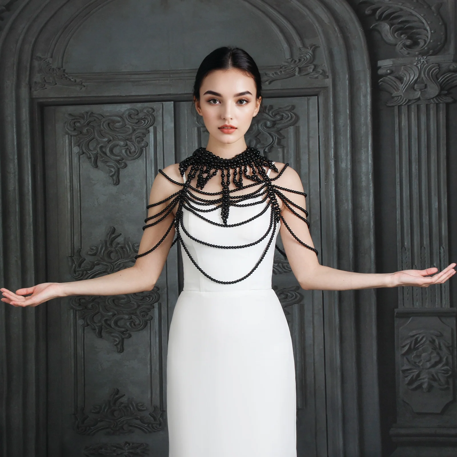 ブライダル-ウェディング-ショール-ブラック-パール-スタイル-手織り-ショート-トップ-頑丈なウェディング-アクセサリー-結婚式-パーティーに最適-gp39-b