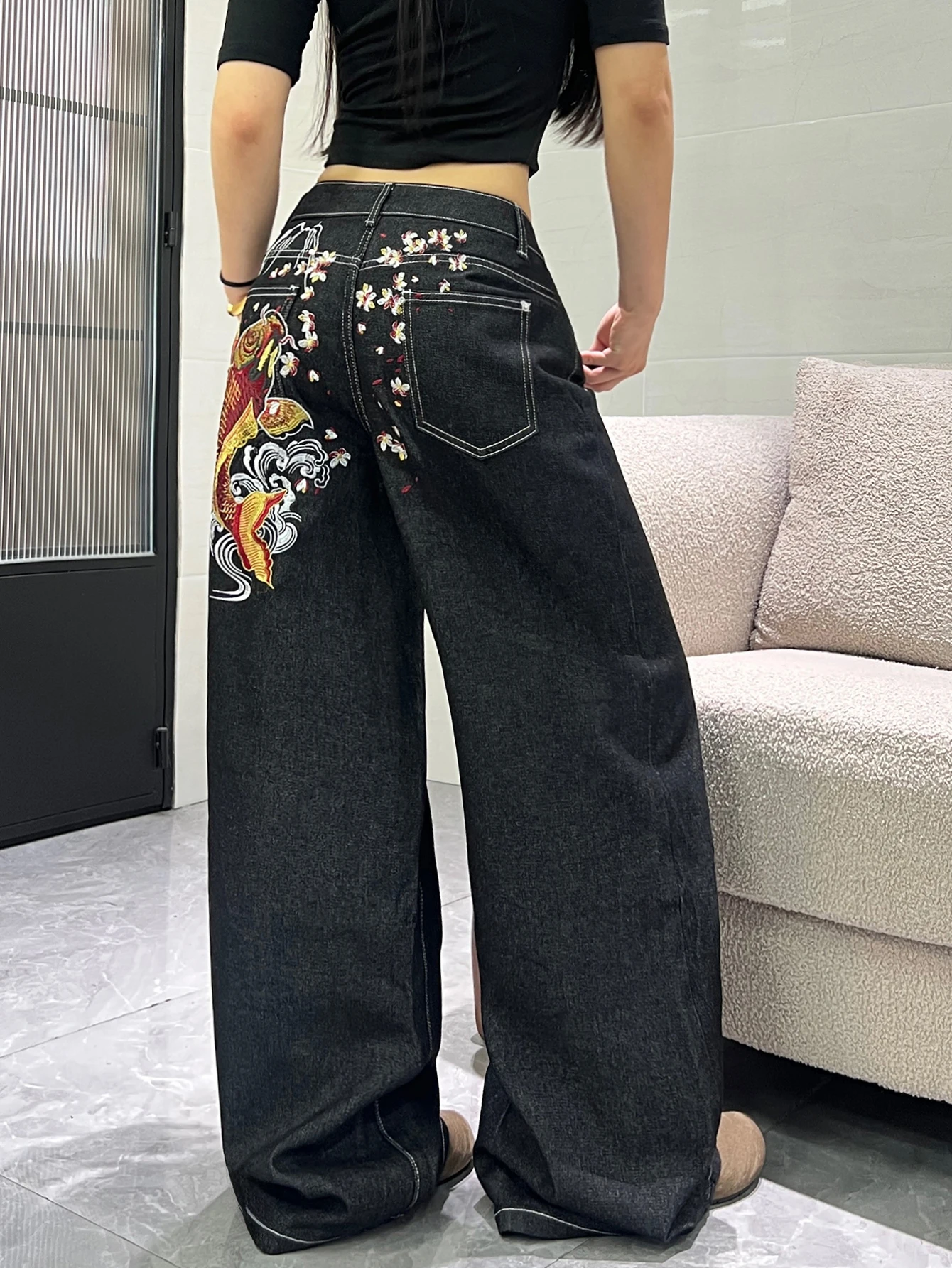American Retro Design Carp Embroidery Women's Loose Jeans, Street Hip-Hop Trendy Versatile Black Wide-Leg Pants