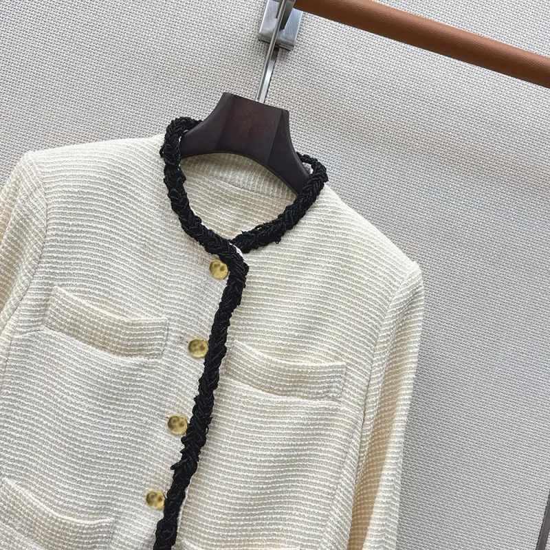 Crew-Neck Braided Jacket with Color-Block Trim & Gold Buttons
