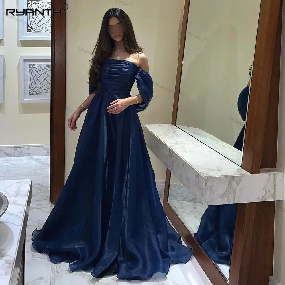 Ryanth Off Shoulder Prom Dresses for Women Navy Blue Celebrity Party Dress Tulle A-Line Evening Dress Strapless Maxi Dress