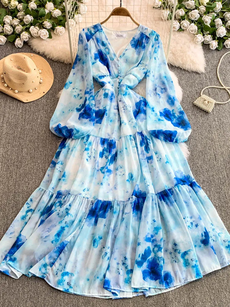 Ele V-ne Lantern Sve Dr Women's Spring Summer Floral Print Gathered Waist Slimming Long Dr Korean Sle