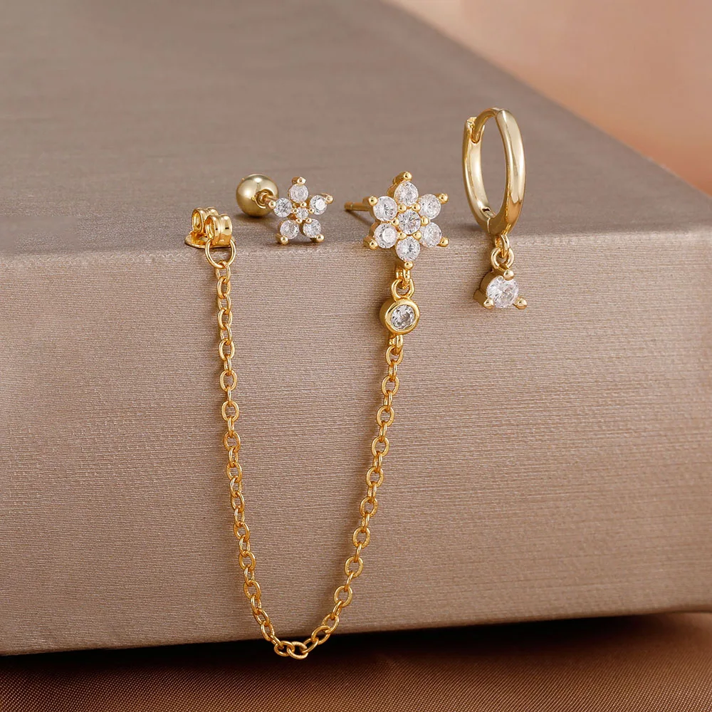 3PCS Cute Delicate Crystal Two Flower Earrings Set For Women 14K Gold Plated Stainless Steel Chain Ear Stud Piercing Jewelry