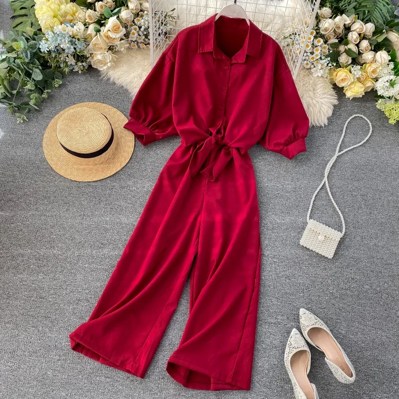 Chic Vintage slip pleated print Top Jumpsuit Beach Elegant Casual Wide Leg Pants Summer short sleeve Women Playsuit