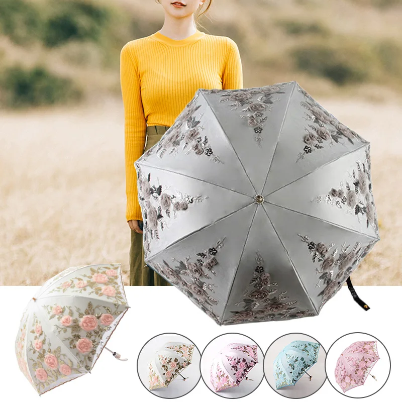 New Fashion Luxury Embroidered Flower Rain Umbrella for Women 3 Folding Double Layer Lace Up Parasol Luxury Uv Umbrellas Summer