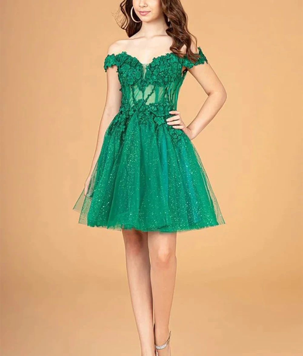 オフショルダー チュール キンセニエラ ドレス キラキラ レース アップリケ ショート プロムドレス ティーン用 V ネック ブライドメイドドレス