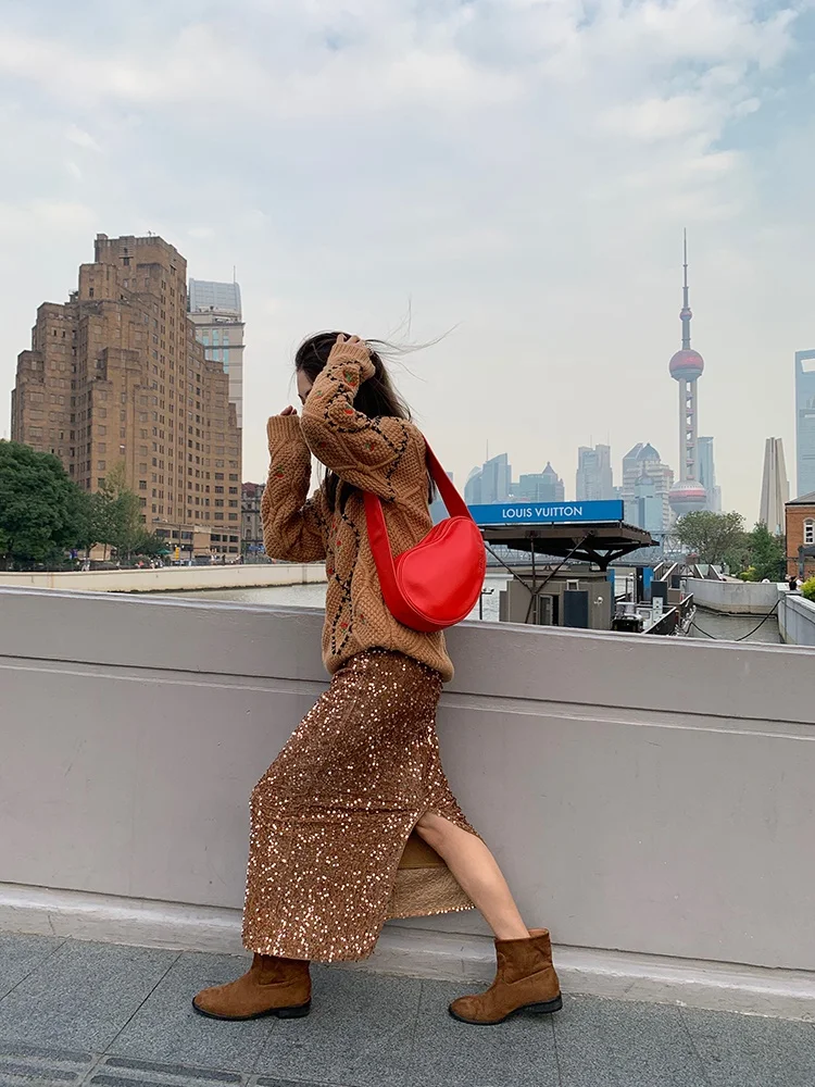 iny Pailletten A-linie Rock frauen Herbst Winter Neue Design Sensation Kleine Cro Rock Koreanische Sle Pendeln Reine Farbe