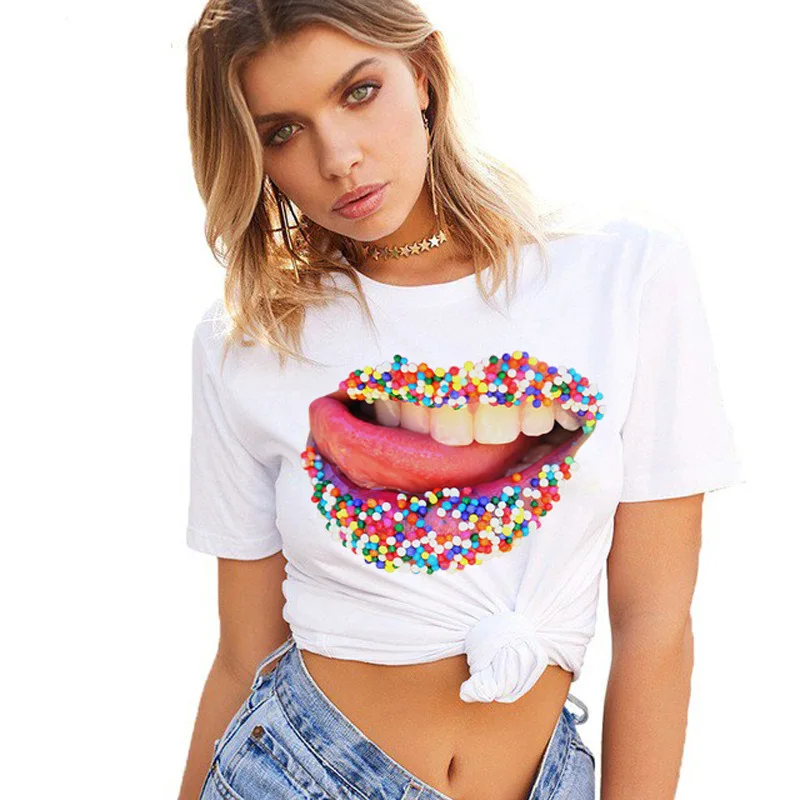 

Women's Casual Round-neck Sexy Thick Lip Printed Short-sleeved T-shirt Women Clothing Tops Harajuku Graphic T Shirts