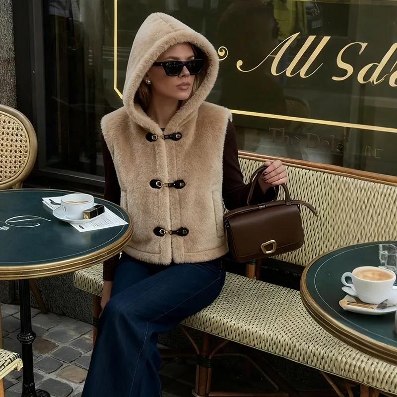 

CharmChant Cropped Hooded Fleece Vests Woman Trend 2025 Winter New in Outerwear Sleeveless Cardigan Waistcoat Fur Coat Women
