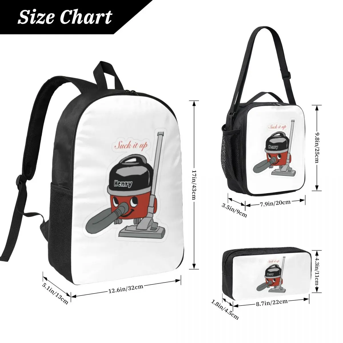 Henry Hoover Suck It Up Sticker Backpack Student BookBag School Bag Laptop Shoulder Bags 3ps Insulated Lunch Bag Pencil Case