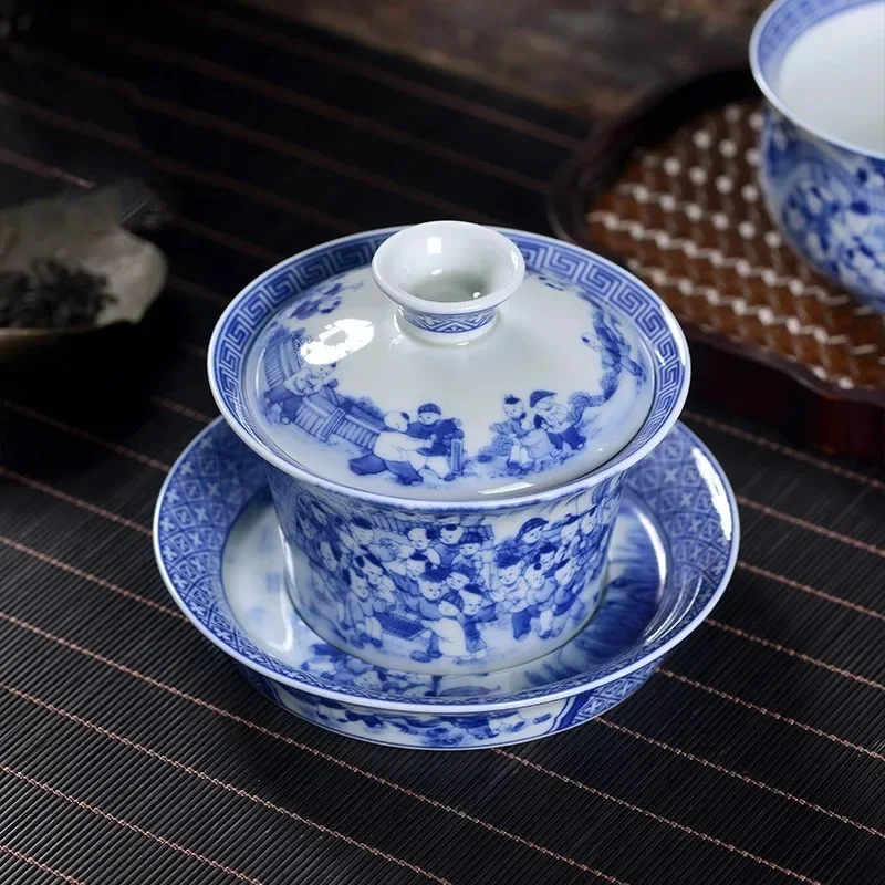 Jingdezhen High-end Baizitu Horseshoe Cover Bowl Is Not Hot Blue and White Teapot Household Ceramic Tea Tray Cover Tea Tableware