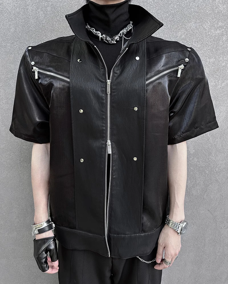 Trendy Jackets Men's 2025 Summer New Multi Zipper Decoration Jackets Men's High Street Fashion Handsome Lapel Short Sleeve Tops