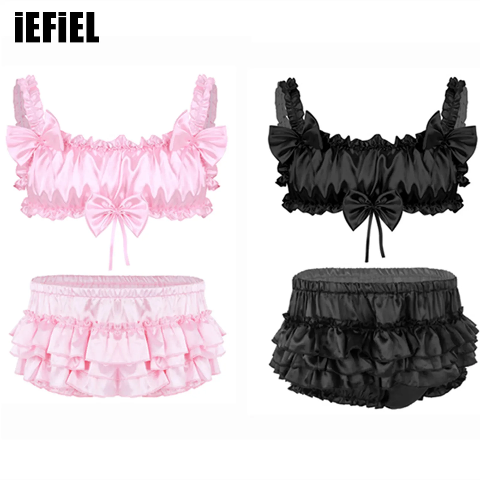 Hot Men Sissy Lingerie Sets Satin Frilly Elastic Wide Shoulder Straps Wire-free Bra Tops+Floral Lace Briefs Underwear Nightwear