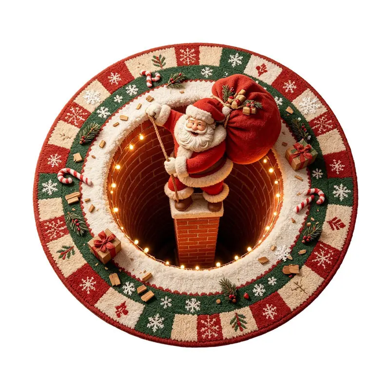 VIKAMA Santa Chimney Climb Round Rug, Soft Flannel Christmas Carpet, Non Slip Washable Fluffy Holiday Floor Mat for Living Room