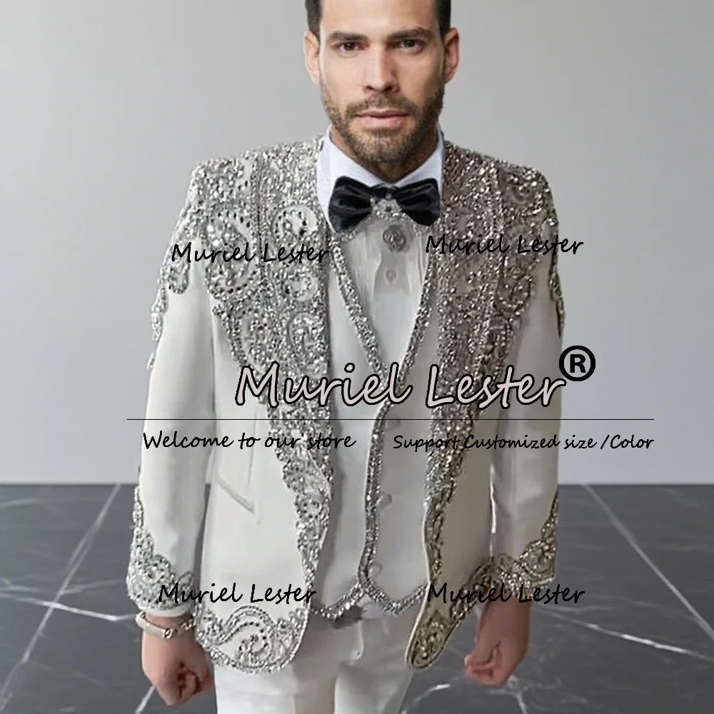 

Metallic Jewelry Stones Suits Men For Wedding Customized 3 Pieces Sets Costume Homme Sparkling Beaded Groom Tuxedos Luxury 2026