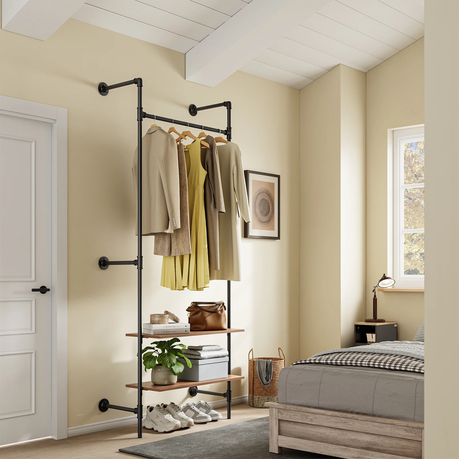 SoBuy KLS20-SCH Kleiderstange Wandmontage mit 2 MDF Regalböden, platzsparender Offener Kleiderschrank Kleiderständer 45kg Tragkraft für Schlafzimmer und Eingang, 91,5x48x220cm, Industrieller Schwarz