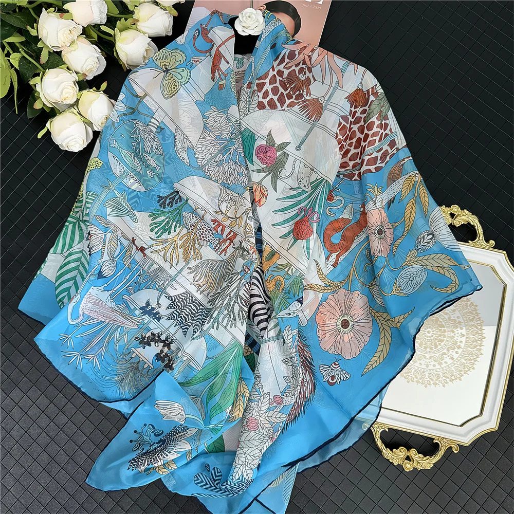 POBING Silk Cashmere Scarf Women Hand Rolled Shawls Fashion Printed Square Scarves Wraps Lady Bandana Big Hijabs Female Foulards