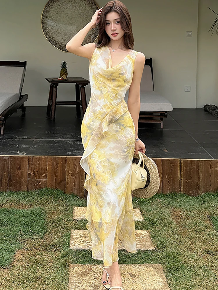 

Новое шифоновое платье 2026 года с цветочным принтом, шикарное, с оборками, повседневное, длинное, летнее, элегантное, без рукавов, для отпуска, женское, корейское, облегающее, для вечеринок