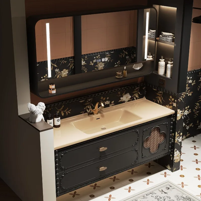 

European Black Bathroom Cabinet Classic Rustic Narrow Storage Bathroom Cabinet Mirror Smart Meuble Salle De Bain Furniture Home