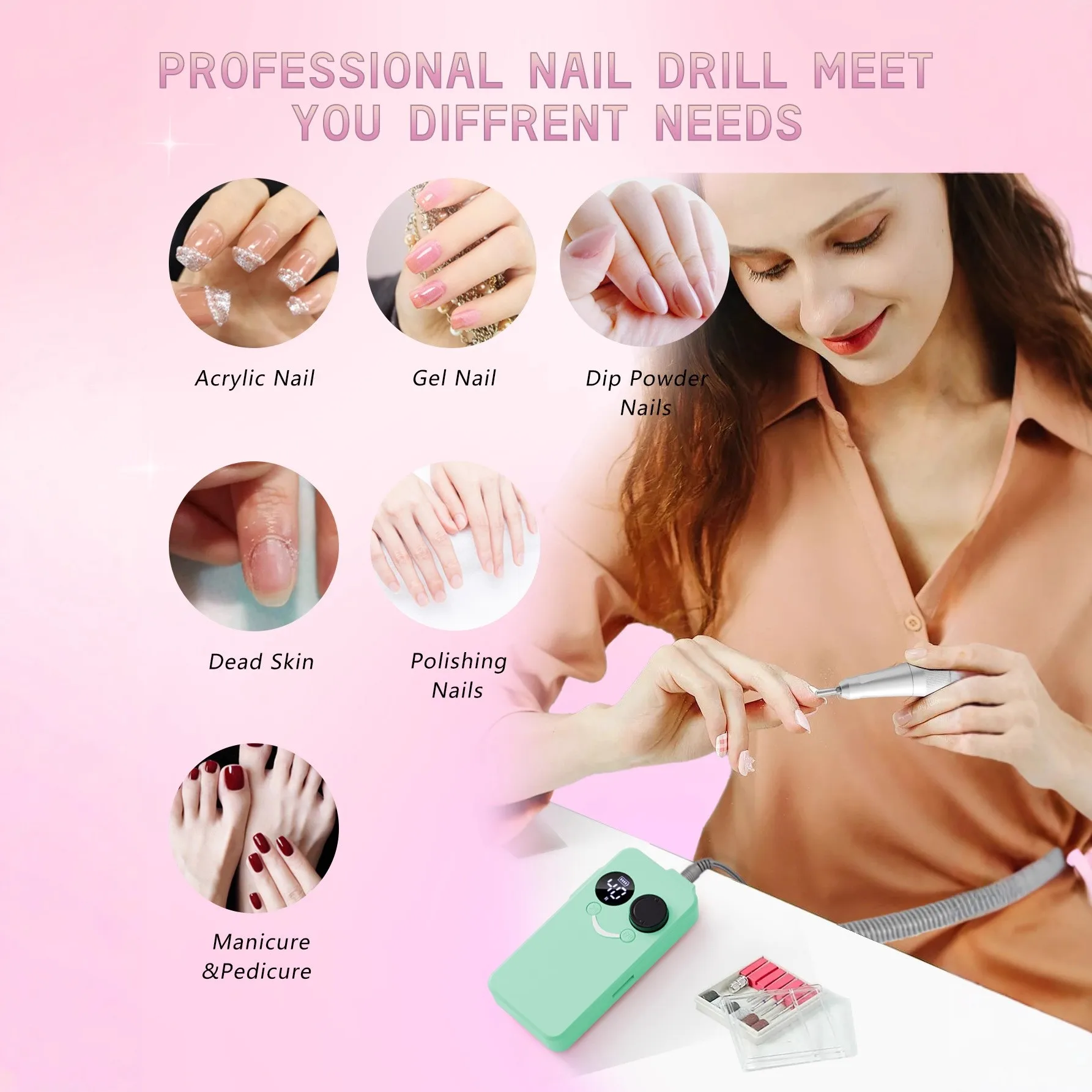 Un polisseuse à ongles professionnelle, ensemble de limes à ongles électriques rechargeables USB, prenant en charge 6 embouts de meulage de remplacement et câble de données USB