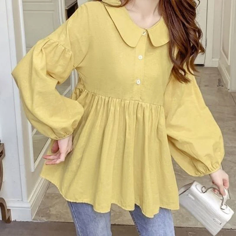 Casual Elegant Long Sleeved Doll Neck Shirt for Women\'s Spring Autumn New Korean Loose Slimming Covering Belly Versatile Top