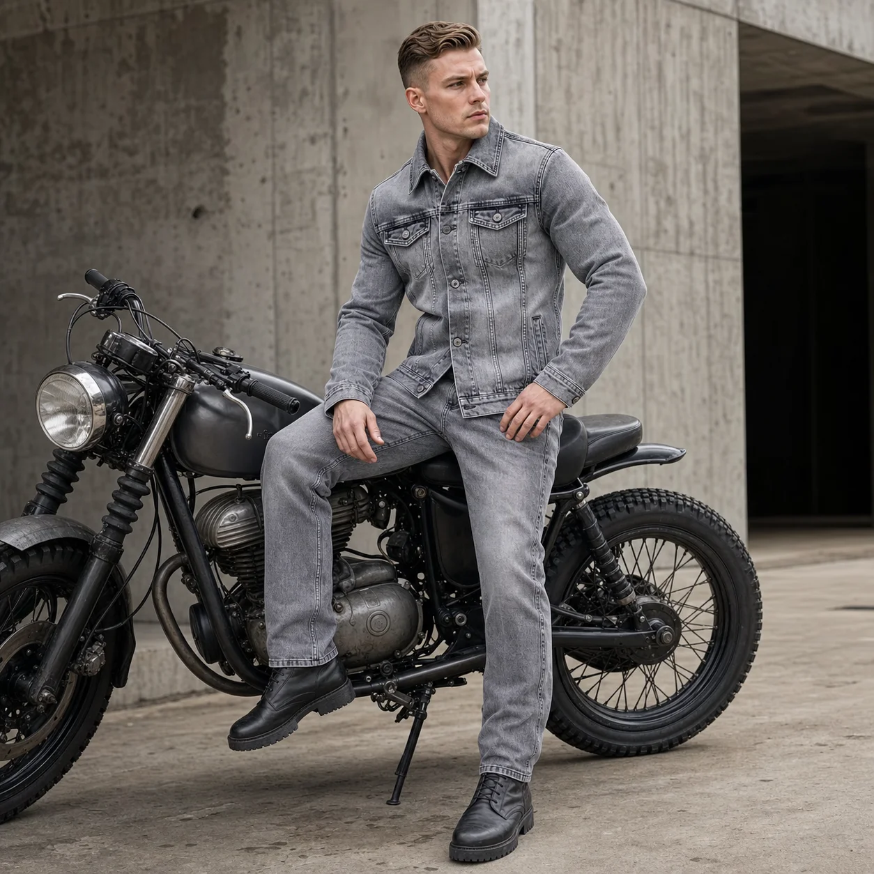 Spring Autumn New Men Tide Stand Collar Trendy Zipper Denim Jackets Niche Chic Casual Straight-leg Pants Two Pieces Set