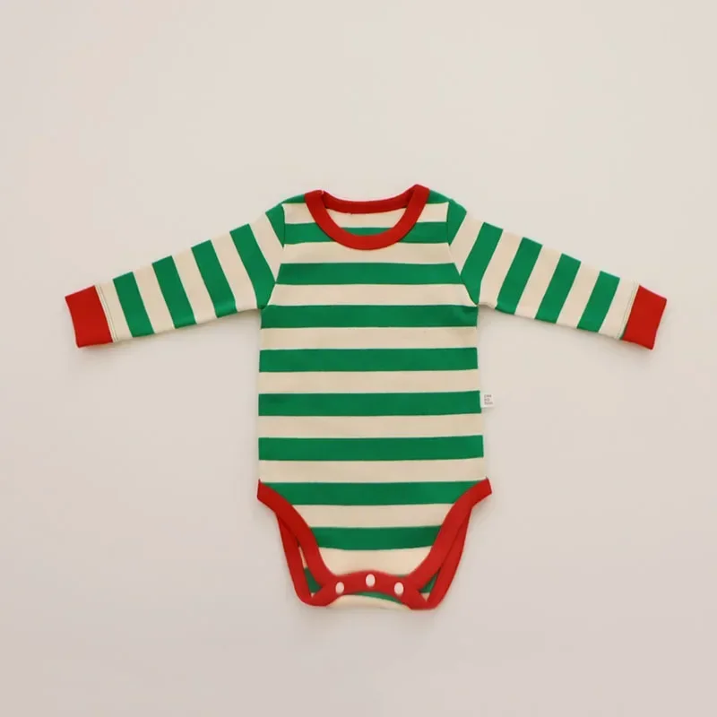 Pure Cotton Baby Pajamas Sets Red Green Striped Infant Boy Girl Pyjamas Romper Pants 2pcs Sets Long Johns for Christmas New Year