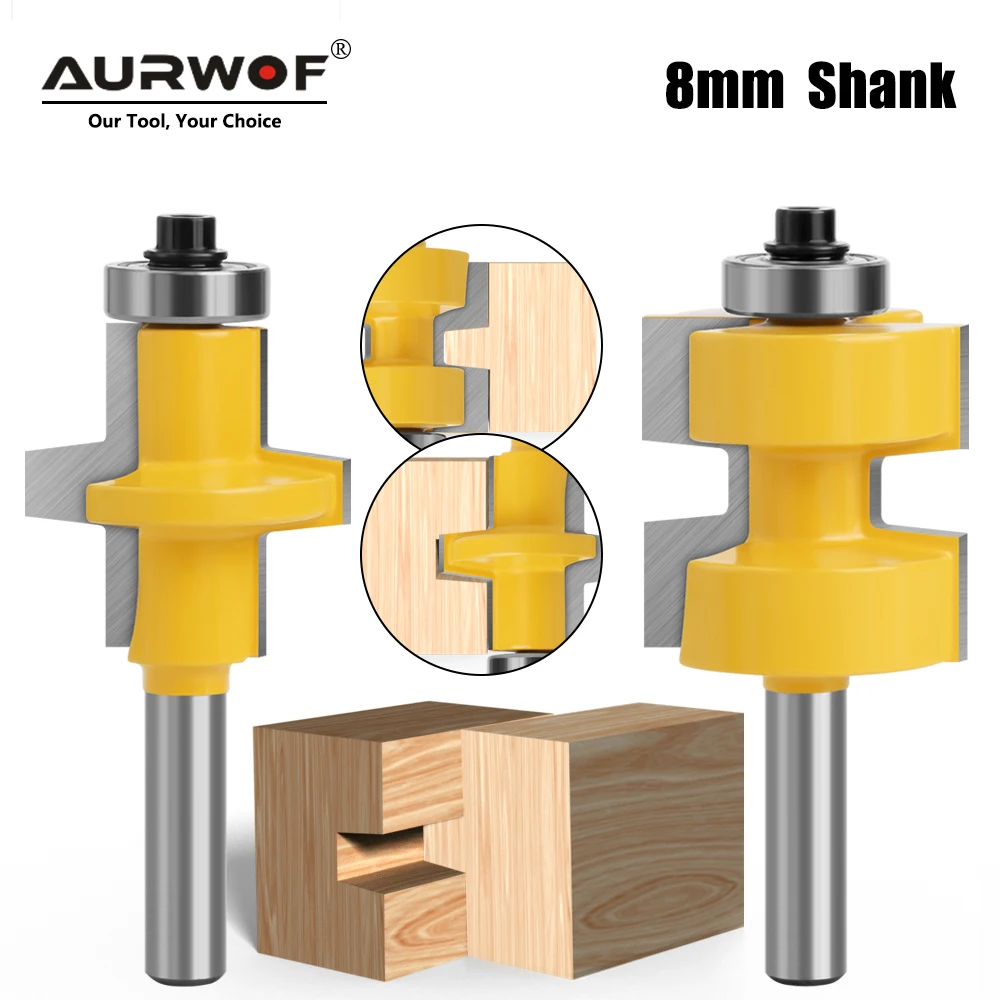 AURWOF 2pcs 8mm Shank T-Slot Bearings Square Tooth Tenon Bit Milling Cutter Carving Router Bit Set For Woodworking C08150A3232Y