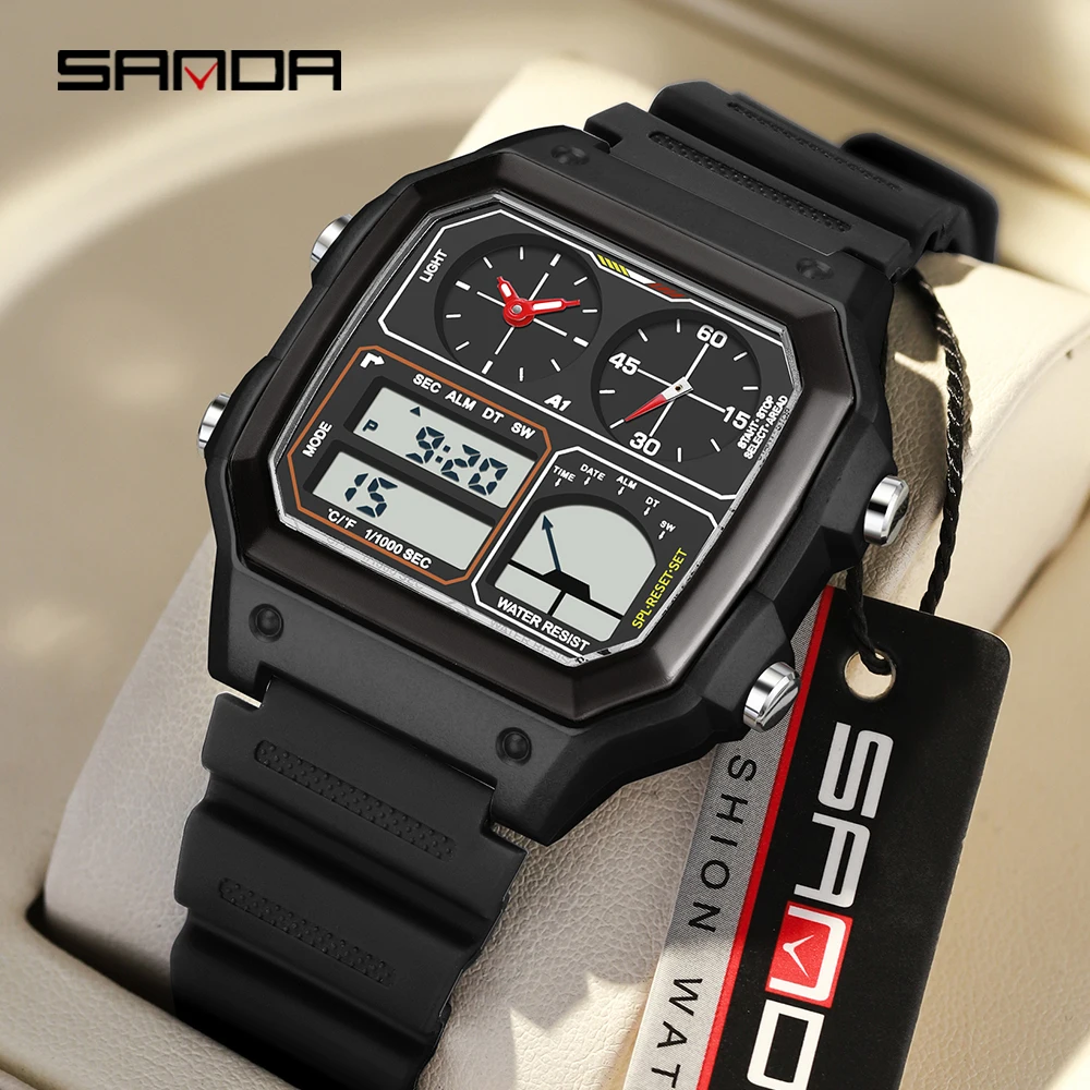 SANDA 6257 Sports Men Wrist Watch Gifts reloj hombre Fashion Electronic Watches for Man Calendar Luminous Waterproof Steel Strap