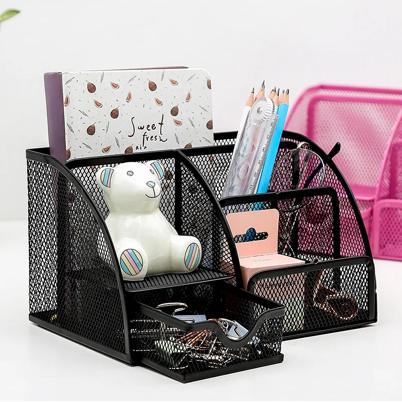 new mesh desk organizer organizador do desktop do escritorio com gaveta metal estacionaria organizador preto caddy desk compartimentos 01