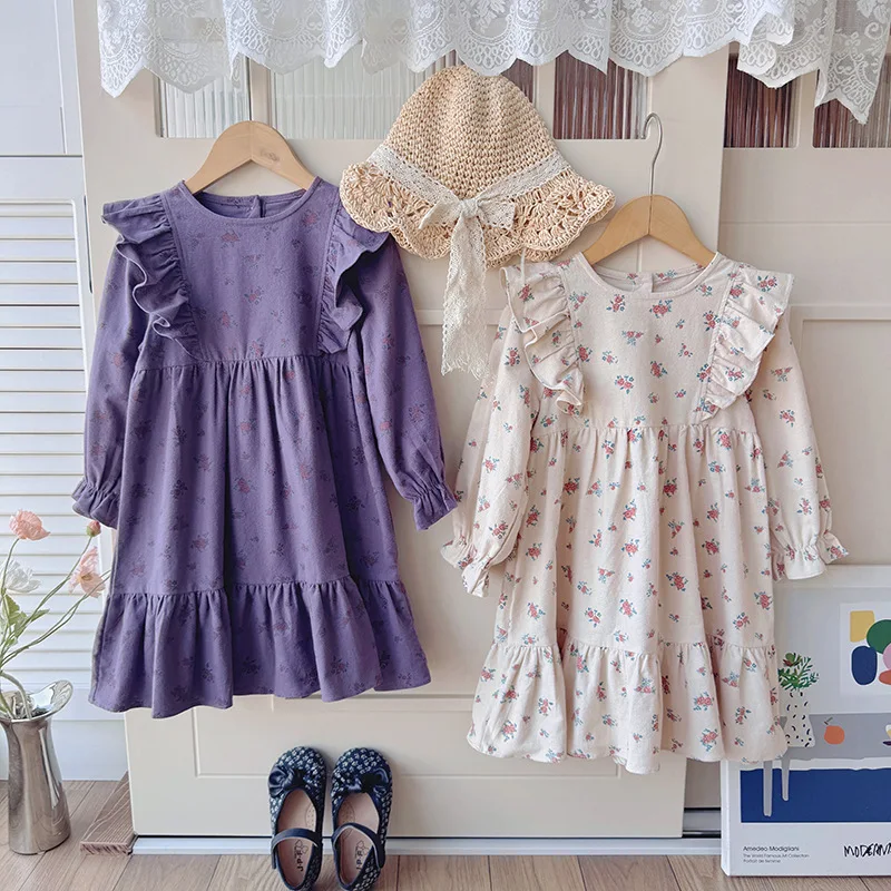 Children's Clothing Lotus Leaf Edge Sweet Beauty Princess Dress 2025 Autumn New Floral Round Neck Long Sleeved Girls Dress