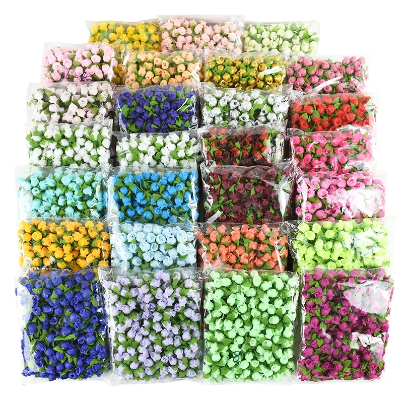 72/144pcs 1 Bunch 12Heads Rose Bud Bouquet with Green Leaves Artificial Mini Silk Rose Bud DIY Crafts Wedding Decor Dropshipping