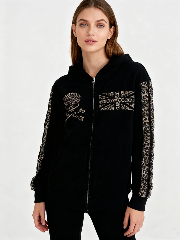 

Autumn Street Trending Gothic Retro Harajuku Ins Leopard Patch Zipper Hoodie Women's Fashion Punk Top Y2k Clothing