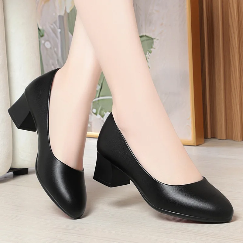 4.5cm Fashion Comfortable Shallow Mouth Black Soft Leather Shoes Women Pumps 2024 Elegant Dress Formal Office Court Work Shoes