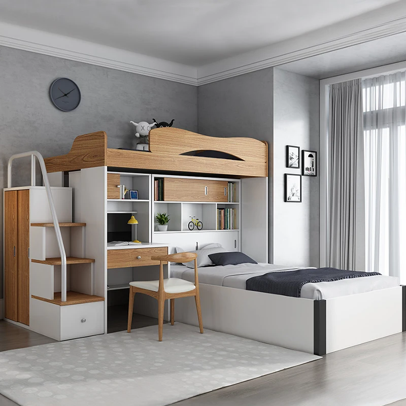 Nordic multifunctional dislocation children's high and low bed small apartment with wardrobe on the bed and off the table