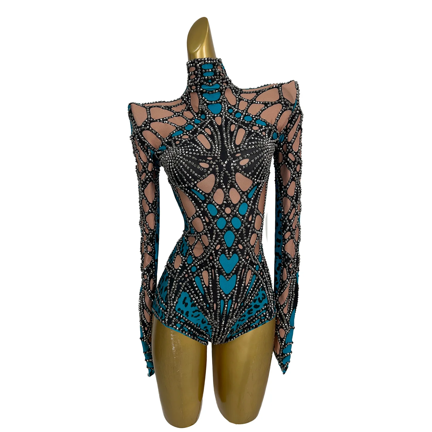 Blue Crystal Spider Web Tight Bodysuit Women Sexy Performance Singer Dancer Costume Show Stage Wear Nightclub Outfit Chongdong