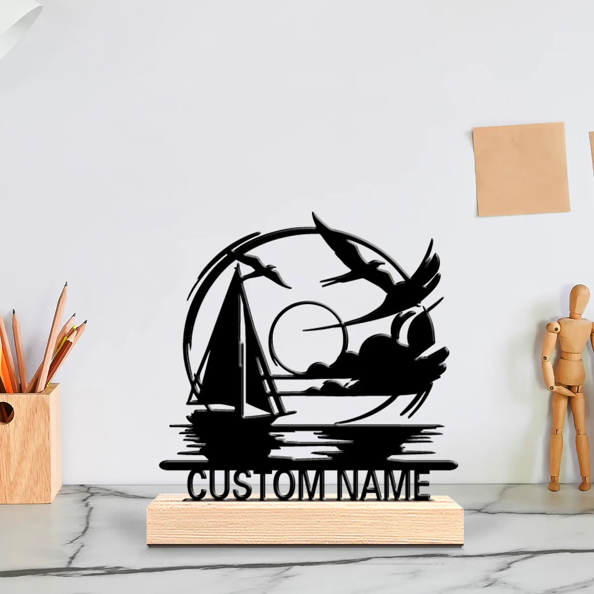 1pc sea view Customizable Letter Metal Statue Metal Ornament Art Crafts With Wood Base Tin Statue For Office Room Decor