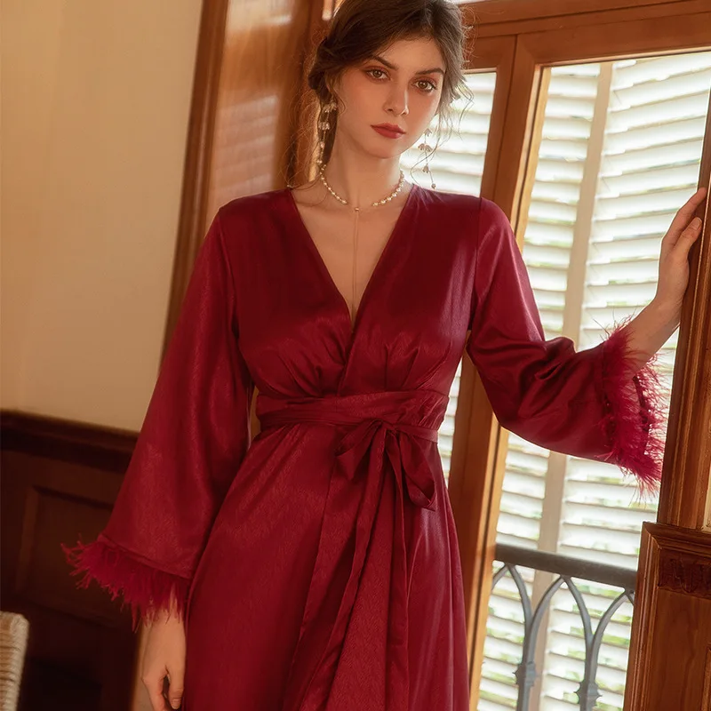 Women Feather Applique Cuff Robe Kimono Bathrobe Gown Nightgown Sleepwear Casual Silky Satin Home Clothes Nightdress