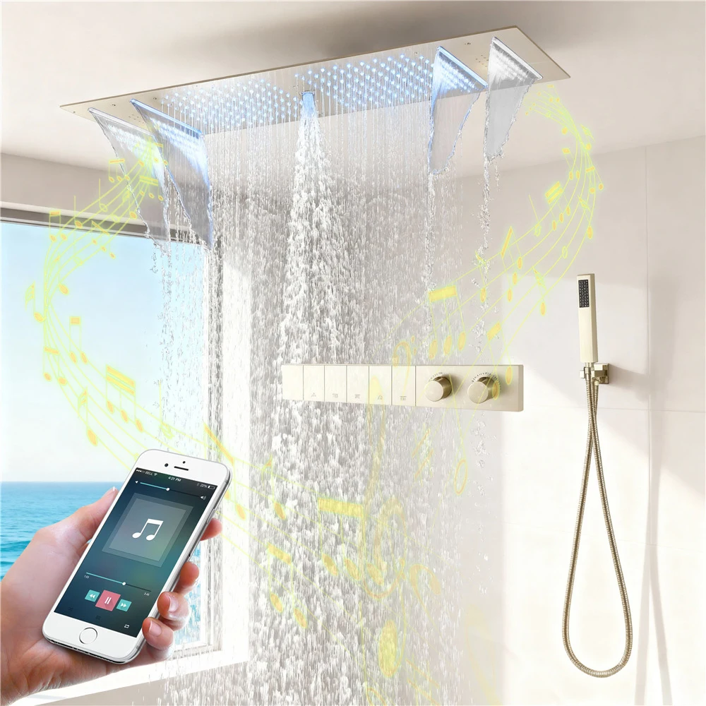 M Boenn 35*12 Inch Lovers Black Shower Head Bathroom Faucets Private Space 5 Functions Couple Gold Shower Set Thermostatic Mixer