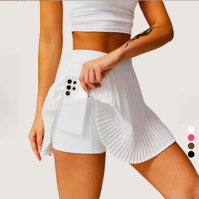 Moda feminina 2-em-1 saia de tênis de golfe plissado terno de fitness com bolso interno, estilo sexy feminino