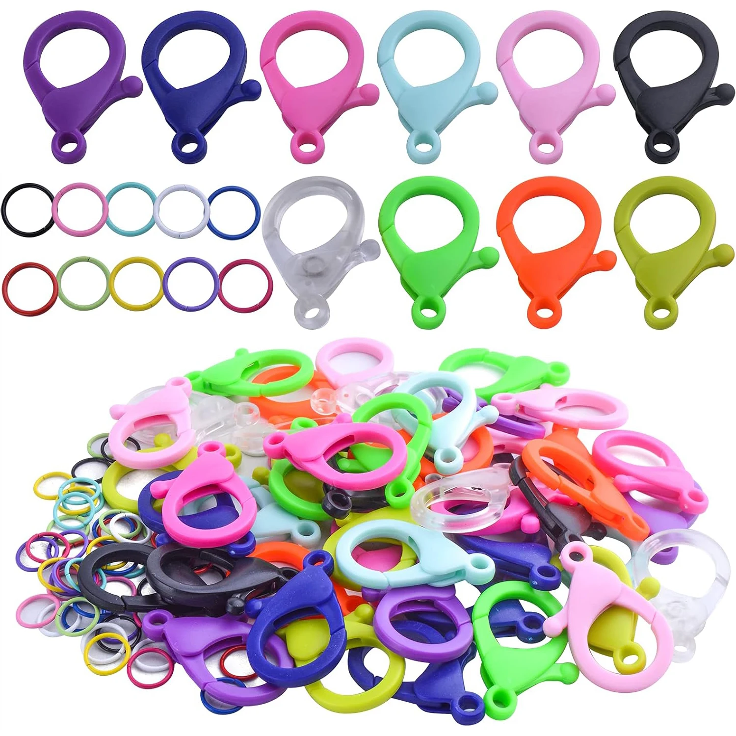

50 шт. пластиковых застежек-карабинов и 50 шт. металлических разъемных колец, карабины-крючки для шнурков и брелоков