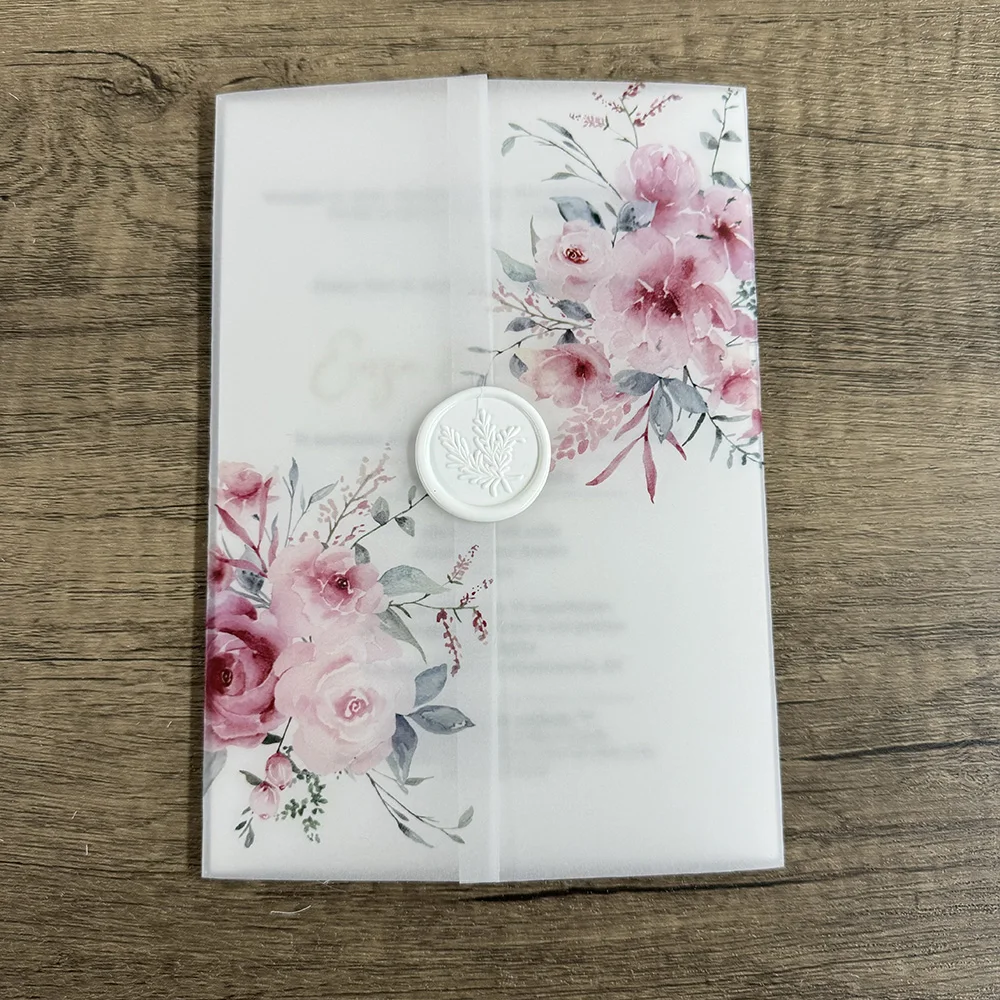 PINK flower Vellum  Wrap suitable for a 5 x 7 Wedding Invitation