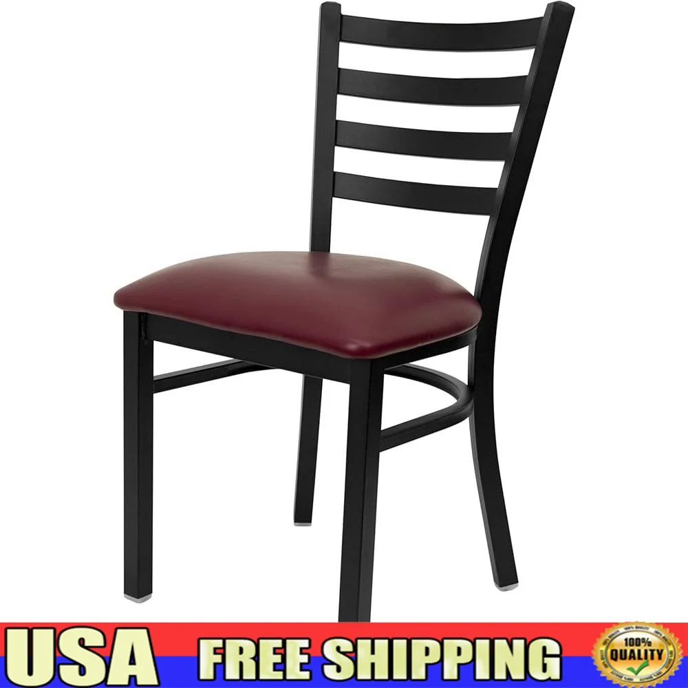 4 Pack Metal Restaurant Chairs with Ladder Back and Padded Seat Heavy Duty Indoor Dining Chairs Upholstered in Burgundy Vinyl