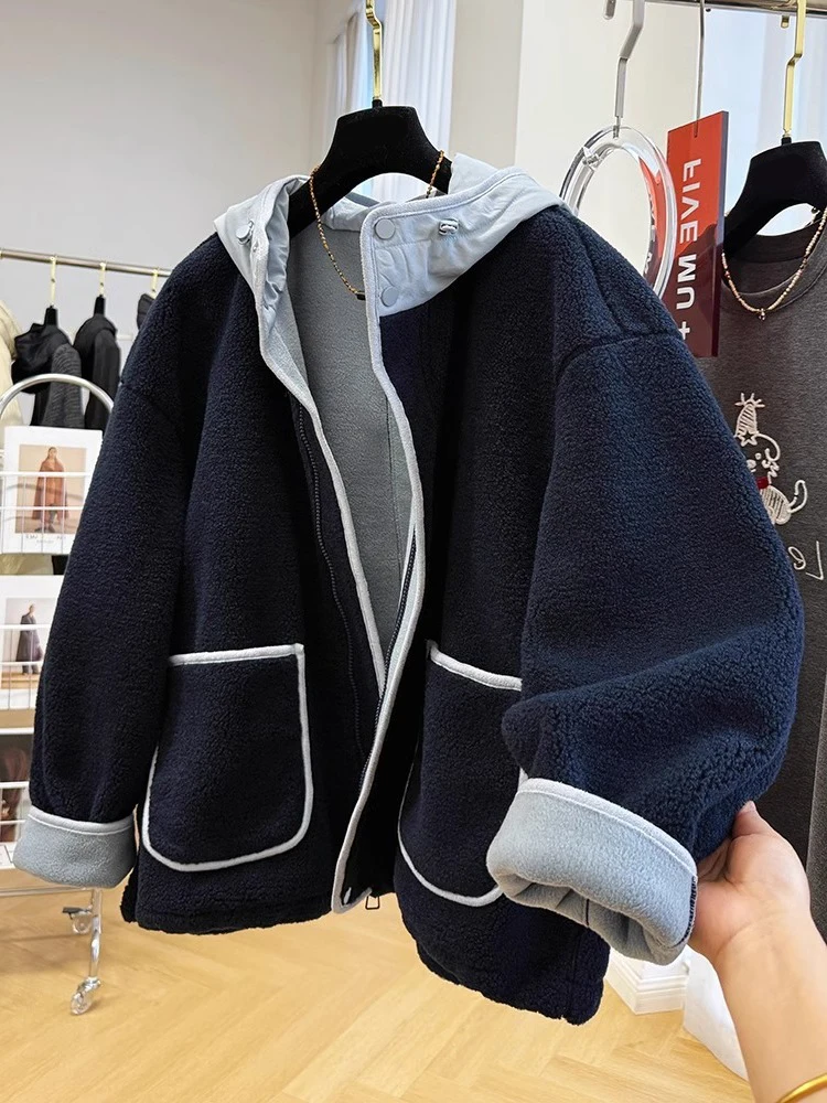 

Корейская студенческая куртка-худи из овечьего меха с цветными блоками, свободное пальто из бархатного хлопка для женщин, осенне-зимний дизайн