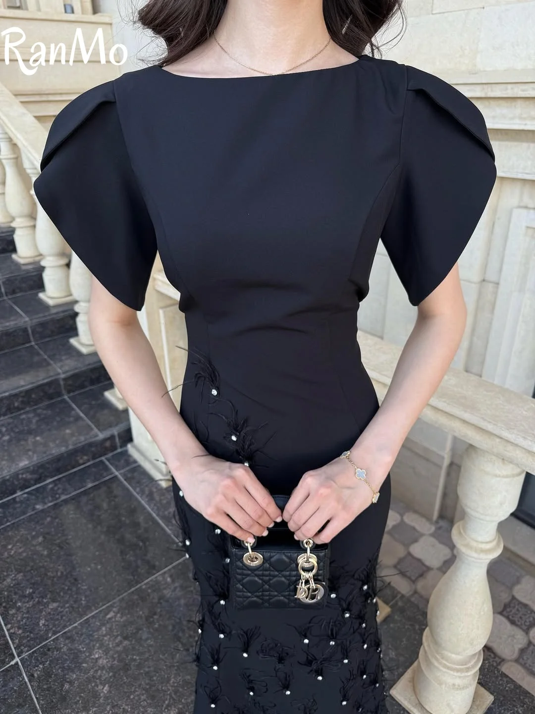 Ranmo 2025 Feather Pearl Long Dress Elegant Black Waist Mermaid Evening Dresses Beaded Slanted Shoulder Ankle Length Customsied