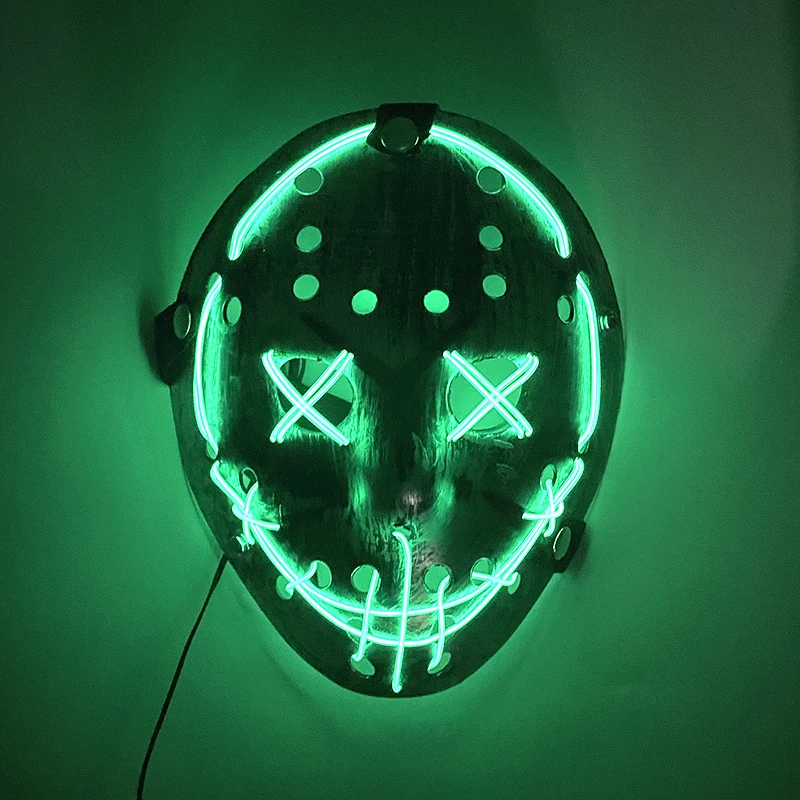 ฮาโลวีนผสมสี Light Up หน้ากากเรืองแสง Jason หน้ากากนีออนหน้ากากสยองขวัญสําหรับคอสเพลย์ Jason Voorhees props หน้ากากบ้านผีสิง