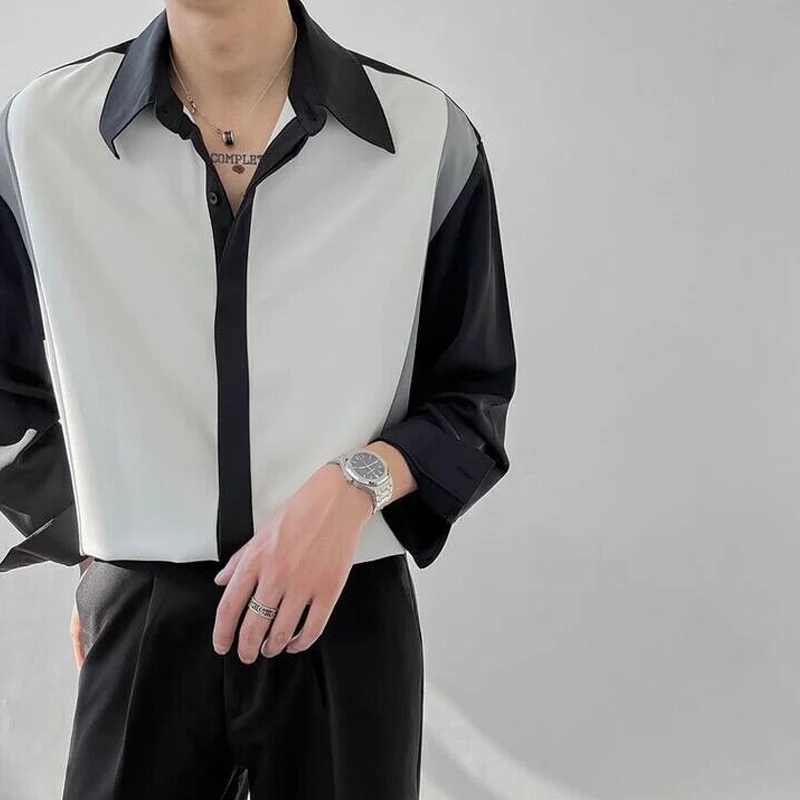 Men\'s Loose Casual Blouse Spring Korean Style Long Sleeve Single Breasted Turn-down Collar Tops Contrast Color Patchwork Shirt